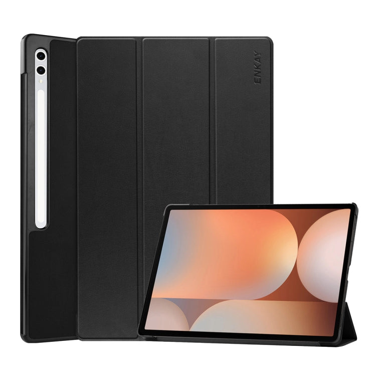 For Samsung Galaxy Tab S10+ / S9+ / S9 FE+ ENKAY Tri-fold Custer Texture Plastic Leather Smart Tablet Case with Pen Slot(Black) - Galaxy Tab S9+ Cases by ENKAY | Online Shopping South Africa | PMC Jewellery | Buy Now Pay Later Mobicred