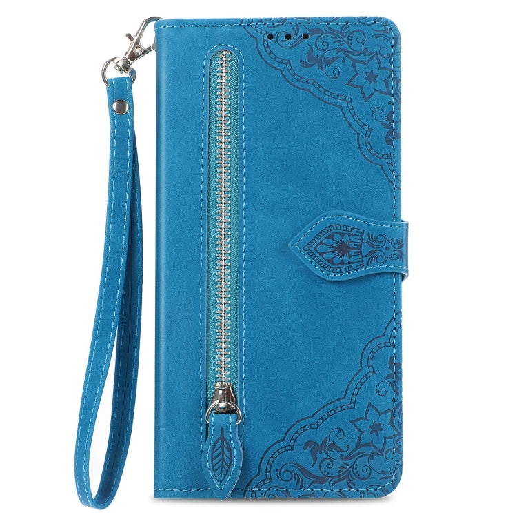For Samsung Galaxy S25 5G Embossed Flower Zipper Leather Phone Case(Blue) - Galaxy S25 5G Cases by PMC TechLife | Online Shopping South Africa | PMC TechLife | Buy Now Pay Later Mobicred