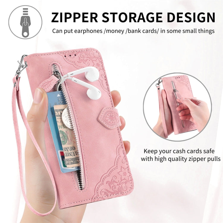 For Samsung Galaxy S25 5G Embossed Flower Zipper Leather Phone Case(Blue) - Galaxy S25 5G Cases by PMC TechLife | Online Shopping South Africa | PMC TechLife | Buy Now Pay Later Mobicred