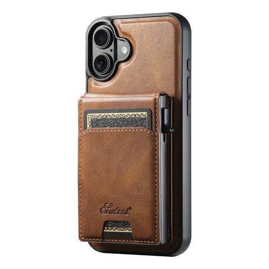 For iPhone 16 Plus Suteni H19 Oil Wax 2-in-1 MagSafe Removable Card Box Back Phone Case(Brown) - iPhone 16 Plus Cases by Suteni | Online Shopping South Africa | PMC Jewellery | Buy Now Pay Later Mobicred