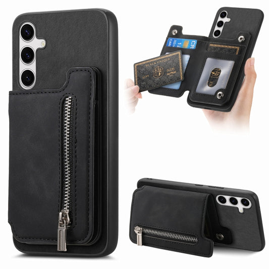 For Samsung Galaxy S25+ 5G Retro MagSafe Zipper Wallet Card Bag Back Phone Case(Black) - Galaxy S25+ 5G Cases by PMC Jewellery | Online Shopping South Africa | PMC Jewellery | Buy Now Pay Later Mobicred