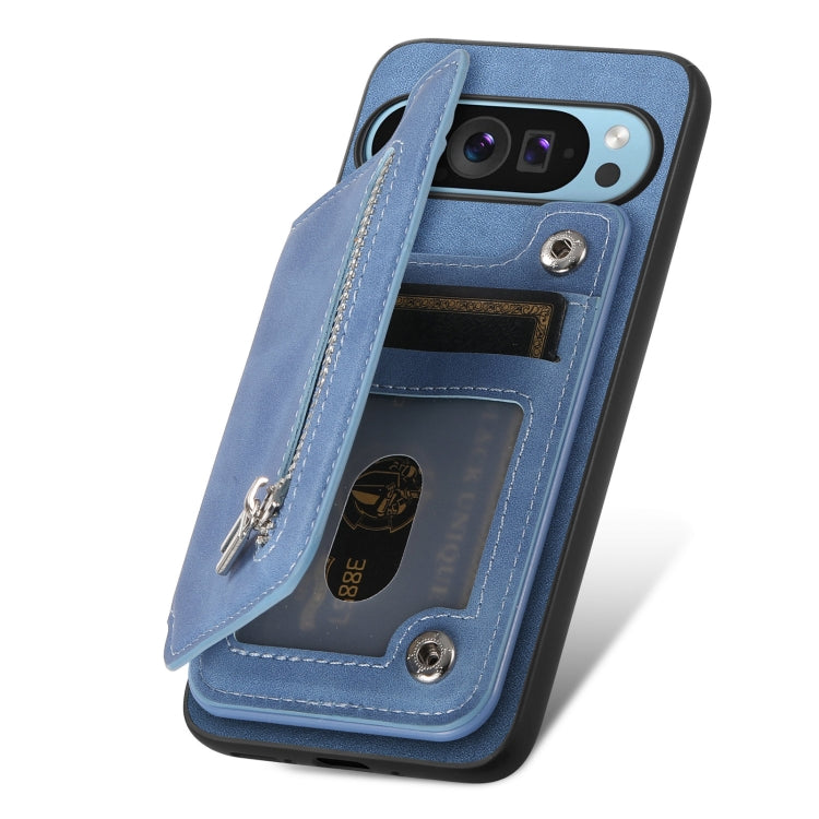For Google Pixel 9 Pro XL Retro MagSafe Zipper Wallet Card Bag Back Phone Case(Blue) - Google Cases by PMC TechLife | Online Shopping South Africa | PMC TechLife | Buy Now Pay Later Mobicred