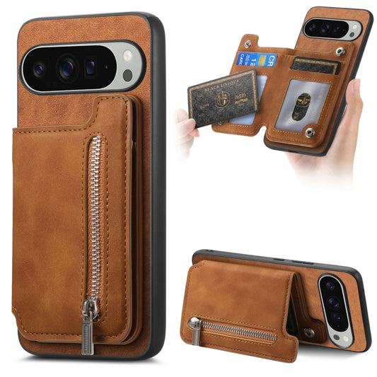 For Google Pixel 9 Pro XL Retro MagSafe Zipper Wallet Card Bag Back Phone Case(Brown) - Google Cases by PMC Jewellery | Online Shopping South Africa | PMC Jewellery | Buy Now Pay Later Mobicred