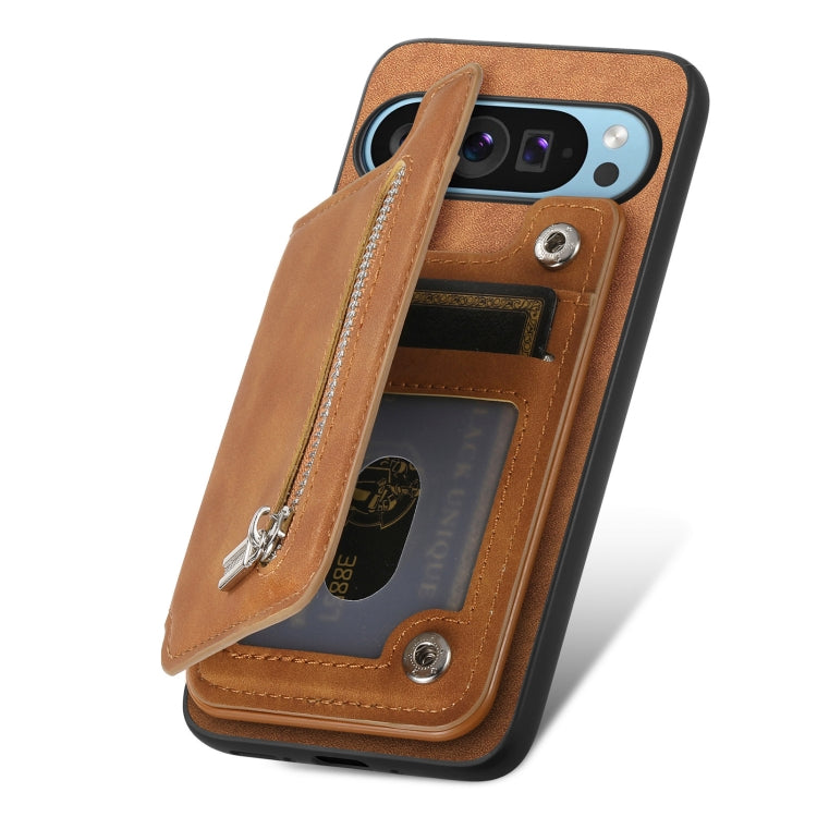 For Google Pixel 9 Pro XL Retro MagSafe Zipper Wallet Card Bag Back Phone Case(Brown) - Google Cases by PMC TechLife | Online Shopping South Africa | PMC TechLife | Buy Now Pay Later Mobicred