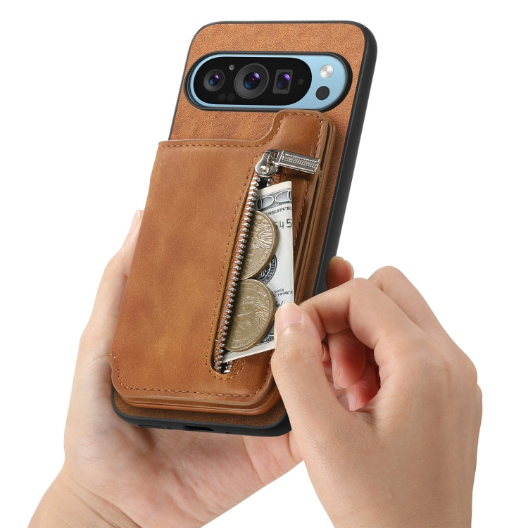 For Google Pixel 9 Pro XL Retro MagSafe Zipper Wallet Card Bag Back Phone Case(Brown) - Google Cases by PMC TechLife | Online Shopping South Africa | PMC TechLife | Buy Now Pay Later Mobicred