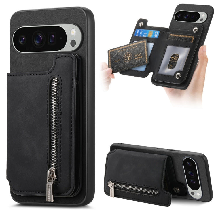For Google Pixel 9 Pro XL Retro MagSafe Zipper Wallet Card Bag Back Phone Case(Black) - Google Cases by PMC TechLife | Online Shopping South Africa | PMC TechLife | Buy Now Pay Later Mobicred