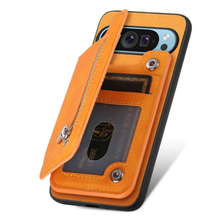 For Google Pixel 8a Retro MagSafe Zipper Wallet Card Bag Back Phone Case(Yellow) - Google Cases by PMC TechLife | Online Shopping South Africa | PMC TechLife | Buy Now Pay Later Mobicred