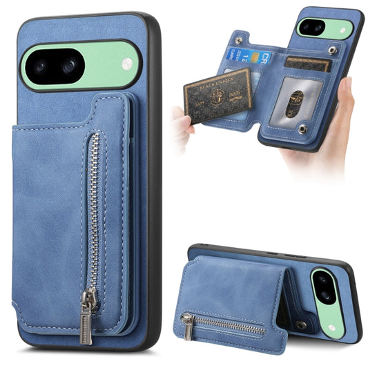 For Google Pixel 8a Retro MagSafe Zipper Wallet Card Bag Back Phone Case(Blue) - Google Cases by PMC Jewellery | Online Shopping South Africa | PMC Jewellery | Buy Now Pay Later Mobicred