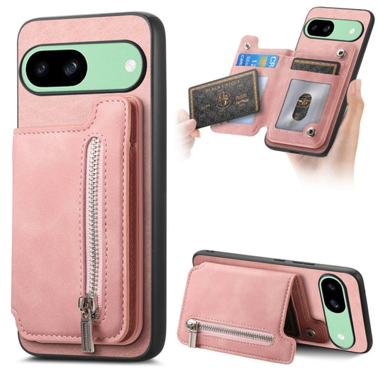 For Google Pixel 8a Retro MagSafe Zipper Wallet Card Bag Back Phone Case(Pink) - Google Cases by PMC Jewellery | Online Shopping South Africa | PMC Jewellery | Buy Now Pay Later Mobicred