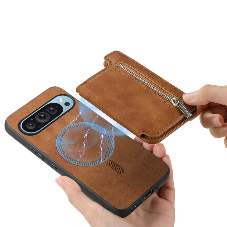 For Google Pixel 8a Retro MagSafe Zipper Wallet Card Bag Back Phone Case(Brown) - Google Cases by PMC TechLife | Online Shopping South Africa | PMC TechLife | Buy Now Pay Later Mobicred