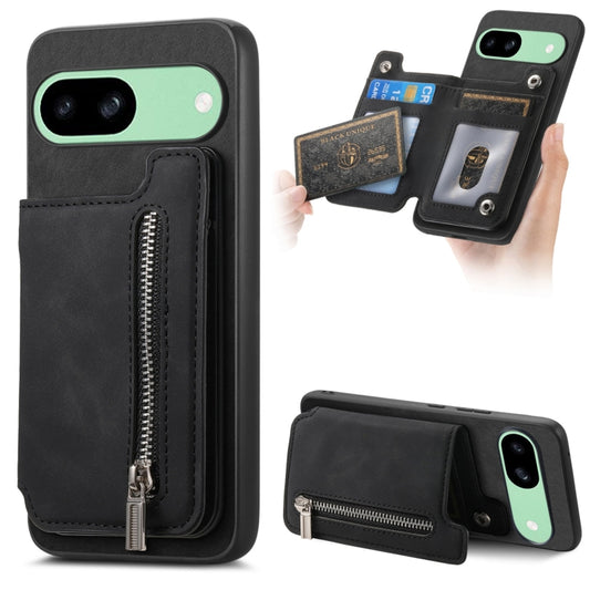 For Google Pixel 8a Retro MagSafe Zipper Wallet Card Bag Back Phone Case(Black) - Google Cases by PMC Jewellery | Online Shopping South Africa | PMC Jewellery | Buy Now Pay Later Mobicred