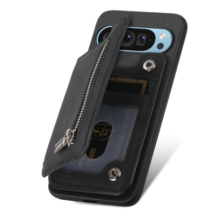 For Google Pixel 8a Retro MagSafe Zipper Wallet Card Bag Back Phone Case(Black) - Google Cases by PMC TechLife | Online Shopping South Africa | PMC TechLife | Buy Now Pay Later Mobicred