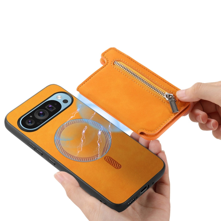 For Google Pixel 8 Pro Retro MagSafe Zipper Wallet Card Bag Back Phone Case(Yellow) - Google Cases by PMC TechLife | Online Shopping South Africa | PMC TechLife | Buy Now Pay Later Mobicred