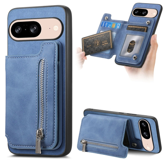 For Google Pixel 8 Retro MagSafe Zipper Wallet Card Bag Back Phone Case(Blue) - Google Cases by PMC Jewellery | Online Shopping South Africa | PMC Jewellery | Buy Now Pay Later Mobicred