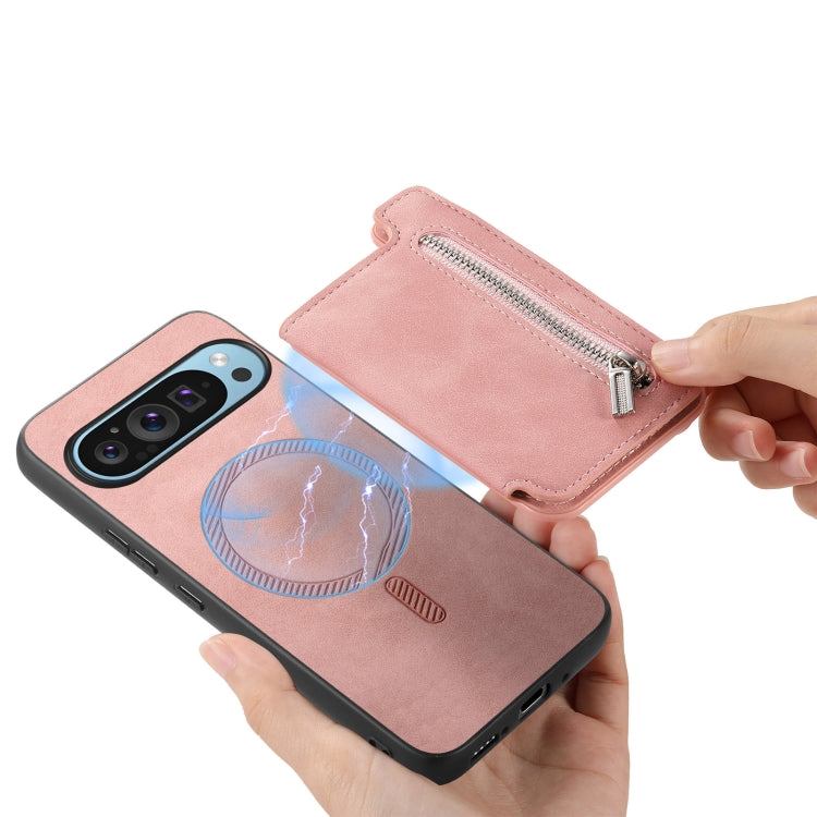 For Google Pixel 8 Retro MagSafe Zipper Wallet Card Bag Back Phone Case(Pink) - Google Cases by PMC TechLife | Online Shopping South Africa | PMC TechLife | Buy Now Pay Later Mobicred