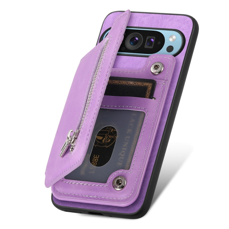 For Google Pixel 8 Retro MagSafe Zipper Wallet Card Bag Back Phone Case(Purple) - Google Cases by PMC TechLife | Online Shopping South Africa | PMC TechLife | Buy Now Pay Later Mobicred