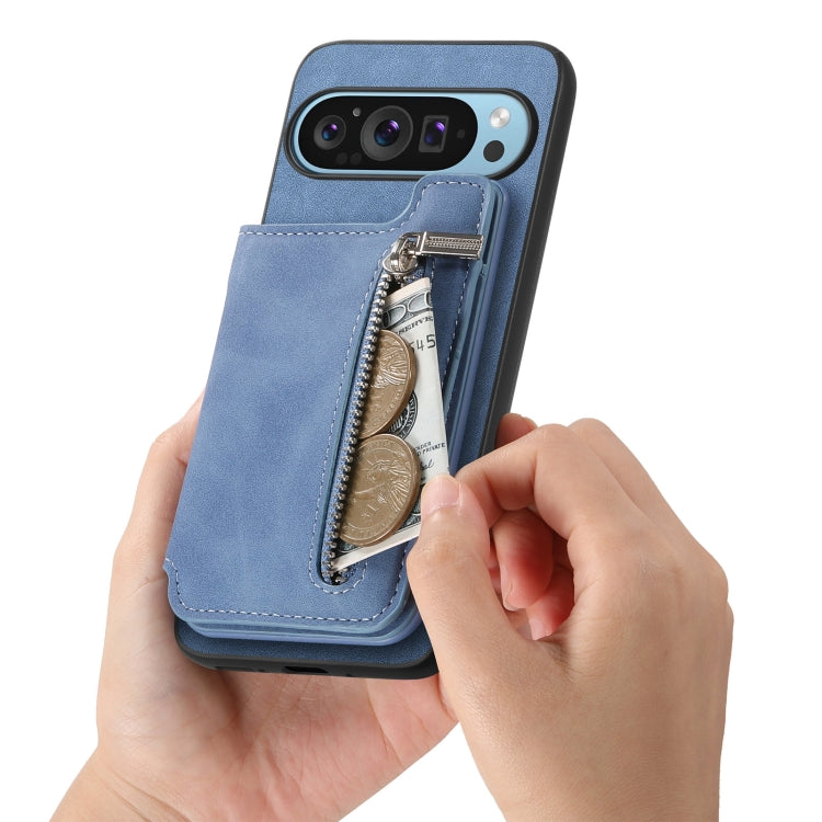 For Google Pixel 7a Retro MagSafe Zipper Wallet Card Bag Back Phone Case(Blue) - free shipping - PMC TechLife - Order now!