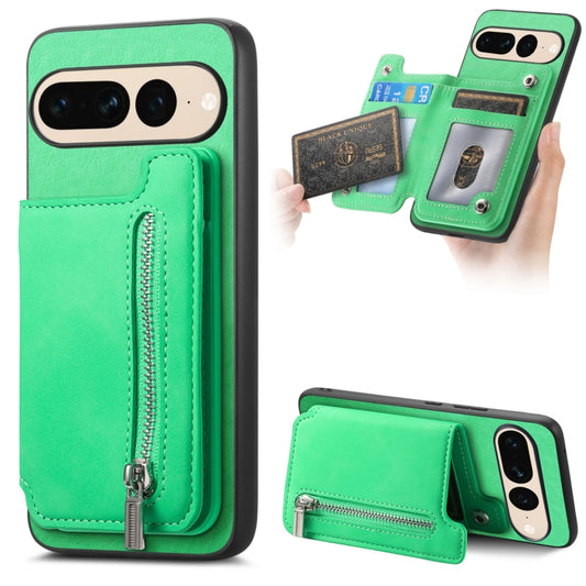 For Google Pixel 7 Pro Retro MagSafe Zipper Wallet Card Bag Back Phone Case(Green) - Google Cases by PMC Jewellery | Online Shopping South Africa | PMC Jewellery | Buy Now Pay Later Mobicred