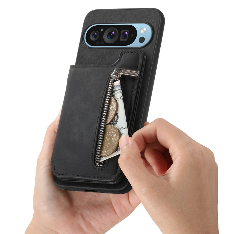 For Google Pixel 7 Pro Retro MagSafe Zipper Wallet Card Bag Back Phone Case(Black) - Google Cases by PMC TechLife | Online Shopping South Africa | PMC TechLife | Buy Now Pay Later Mobicred