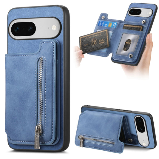 For Google Pixel 7 Retro MagSafe Zipper Wallet Card Bag Back Phone Case(Blue) - Google Cases by PMC Jewellery | Online Shopping South Africa | PMC Jewellery | Buy Now Pay Later Mobicred