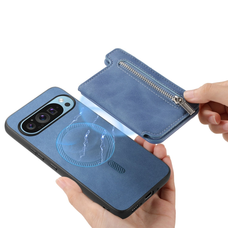 For Google Pixel 7 Retro MagSafe Zipper Wallet Card Bag Back Phone Case(Blue) - Google Cases by PMC TechLife | Online Shopping South Africa | PMC TechLife | Buy Now Pay Later Mobicred