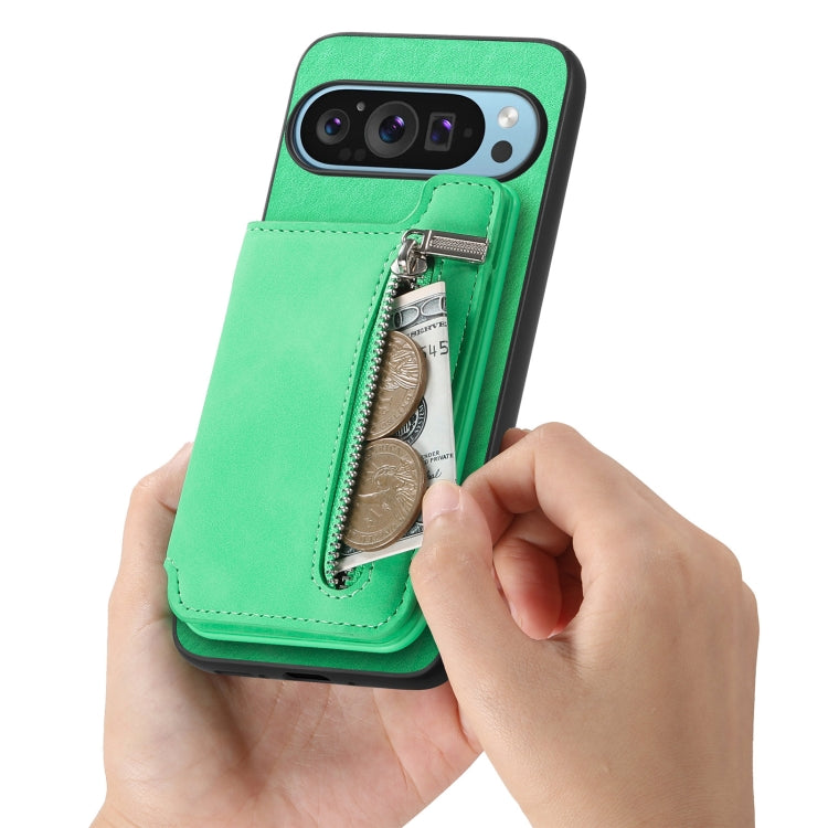 For Google Pixel 7 Retro MagSafe Zipper Wallet Card Bag Back Phone Case(Green) - Google Cases by PMC TechLife | Online Shopping South Africa | PMC TechLife | Buy Now Pay Later Mobicred