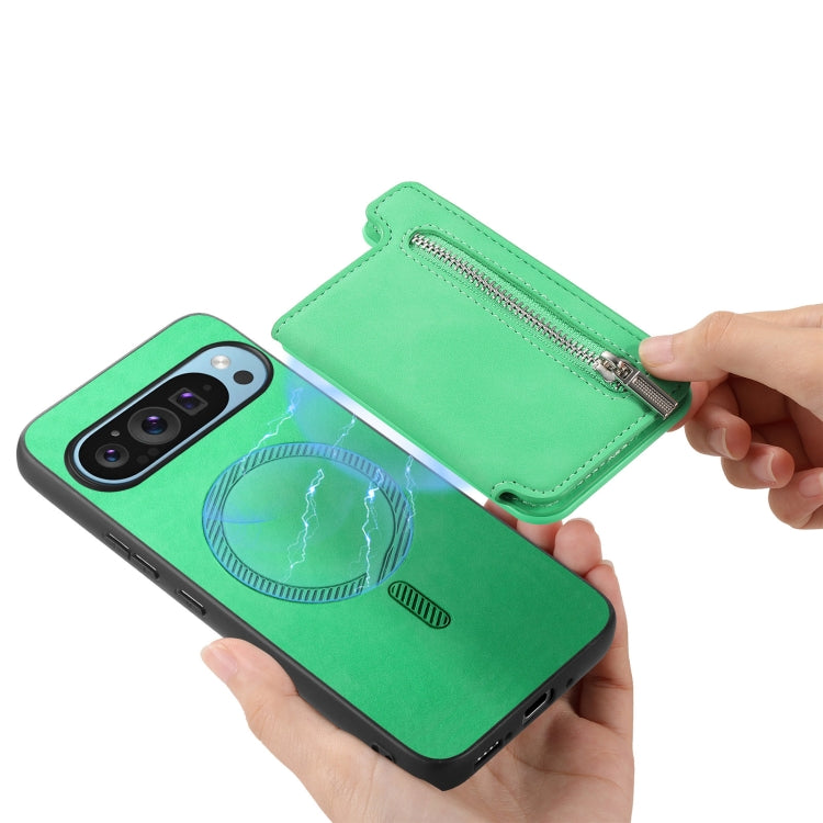 For Google Pixel 7 Retro MagSafe Zipper Wallet Card Bag Back Phone Case(Green) - Google Cases by PMC TechLife | Online Shopping South Africa | PMC TechLife | Buy Now Pay Later Mobicred