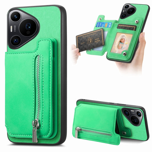 For Huawei Pura 70 Pro+ Retro MagSafe Zipper Wallet Card Bag Back Phone Case(Green) - Huawei Cases by PMC Jewellery | Online Shopping South Africa | PMC Jewellery | Buy Now Pay Later Mobicred