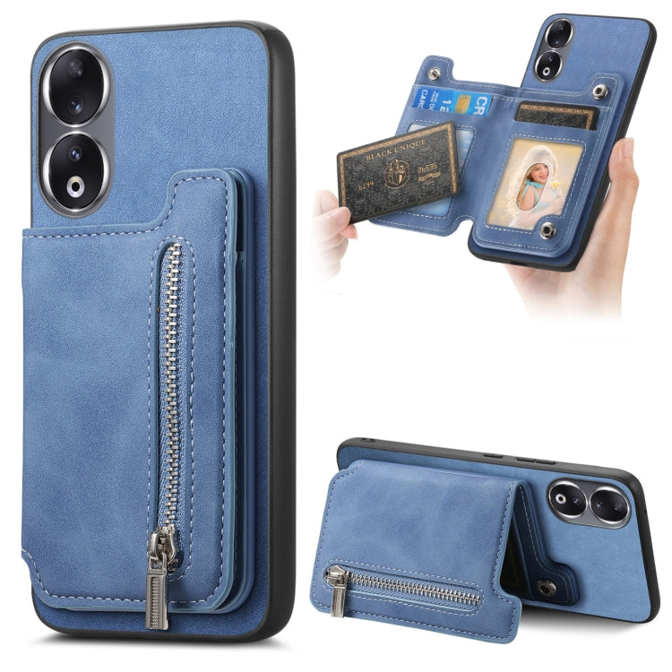 For Honor 90 Pro 5G Retro MagSafe Zipper Wallet Card Bag Back Phone Case(Blue) - Honor Cases by PMC TechLife | Online Shopping South Africa | PMC TechLife | Buy Now Pay Later Mobicred