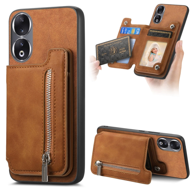 For Honor 90 Pro 5G Retro MagSafe Zipper Wallet Card Bag Back Phone Case(Brown) - Honor Cases by PMC TechLife | Online Shopping South Africa | PMC TechLife | Buy Now Pay Later Mobicred