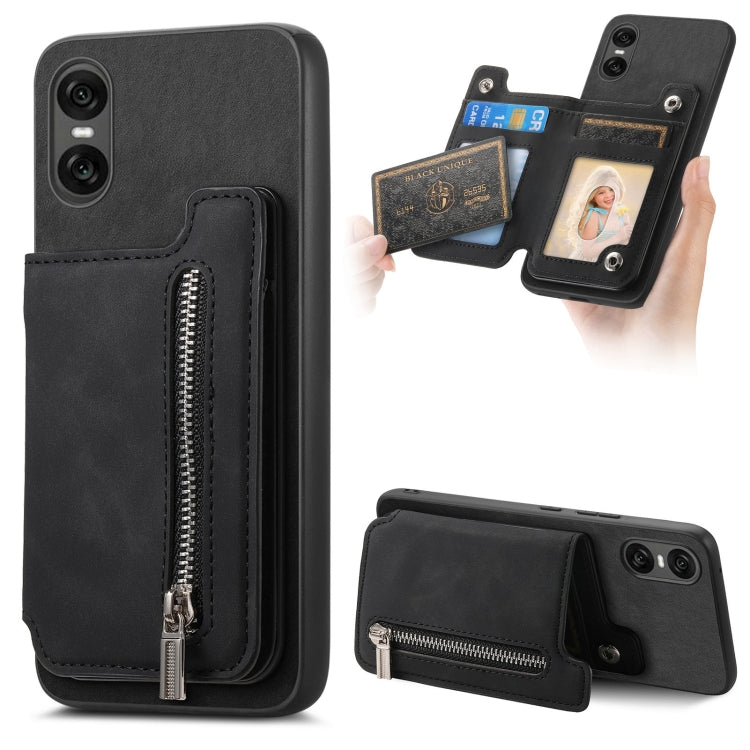 For Sony Xperia 10 VI Retro MagSafe Zipper Wallet Card Bag Back Phone Case(Black) - Sony Cases by PMC TechLife | Online Shopping South Africa | PMC TechLife | Buy Now Pay Later Mobicred