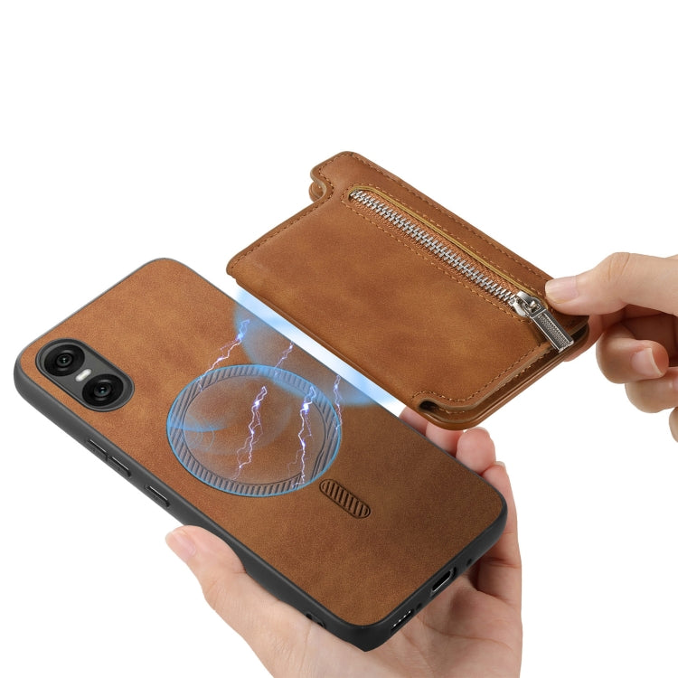 For Sony Xperia 5 V Retro MagSafe Zipper Wallet Card Bag Back Phone Case(Brown) - Sony Cases by PMC TechLife | Online Shopping South Africa | PMC TechLife | Buy Now Pay Later Mobicred