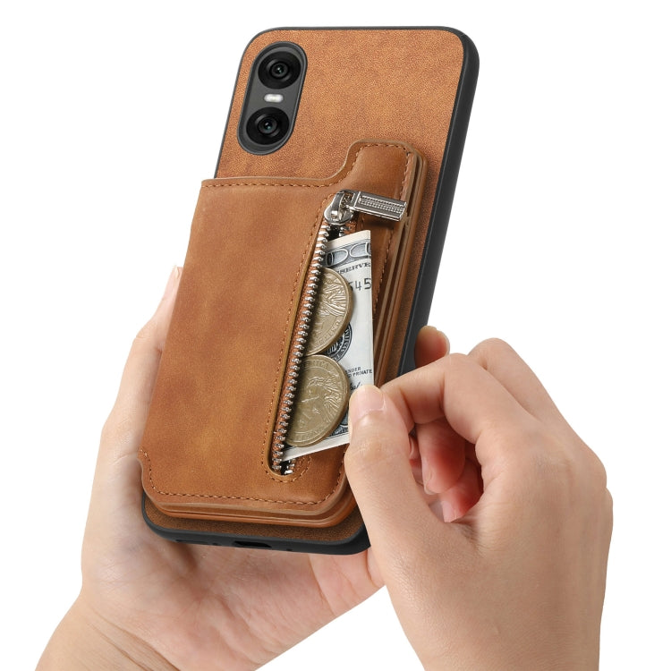 For Sony Xperia 10 V Retro MagSafe Zipper Wallet Card Bag Back Phone Case(Brown) - Sony Cases by PMC TechLife | Online Shopping South Africa | PMC TechLife | Buy Now Pay Later Mobicred