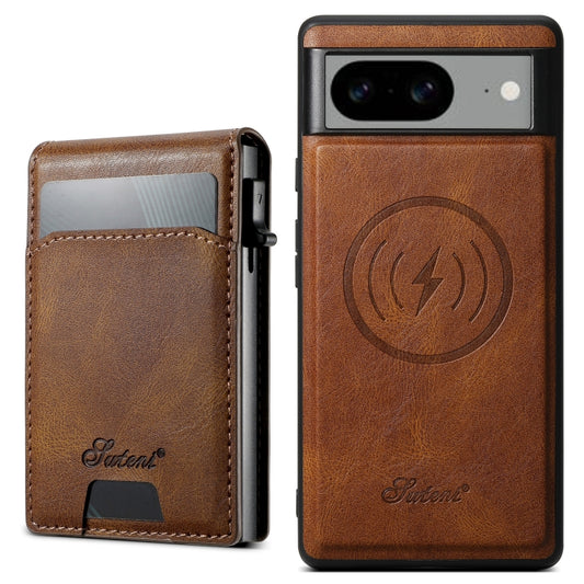 For Google Pixel 8a Suteni H19 Oil Wax 2-in-1 MagSafe Removable Card Box Back Phone Case(Brown) - Google Cases by Suteni | Online Shopping South Africa | PMC Jewellery | Buy Now Pay Later Mobicred