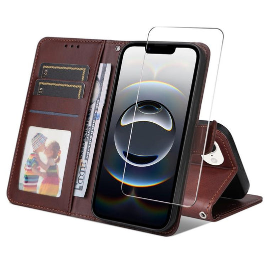 For iPhone 16e ENKAY Card Wallet Calf Texture Leather Phone Case with Screen Film(Brown) - iPhone 16e Cases by ENKAY | Online Shopping South Africa | PMC Jewellery | Buy Now Pay Later Mobicred