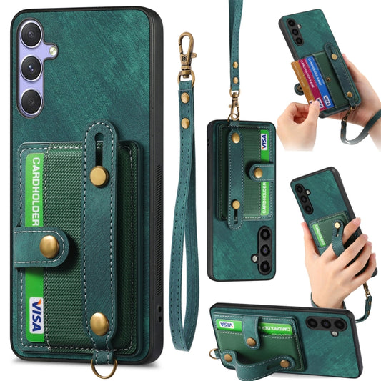 For Samsung Galaxy S25 5G Retro Cross Wristband Wallet Leather Back Phone Case(Green) - Galaxy S25 5G Cases by PMC Jewellery | Online Shopping South Africa | PMC Jewellery | Buy Now Pay Later Mobicred