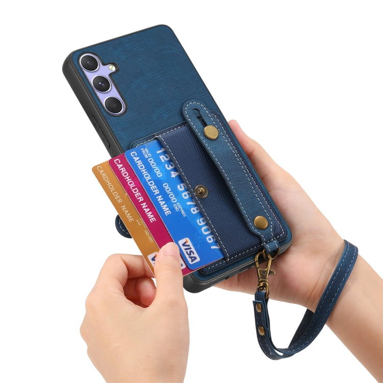 For Samsung Galaxy S25+ 5G Retro Cross Wristband Wallet Leather Back Phone Case(Blue) - Galaxy S25+ 5G Cases by PMC Jewellery | Online Shopping South Africa | PMC Jewellery | Buy Now Pay Later Mobicred