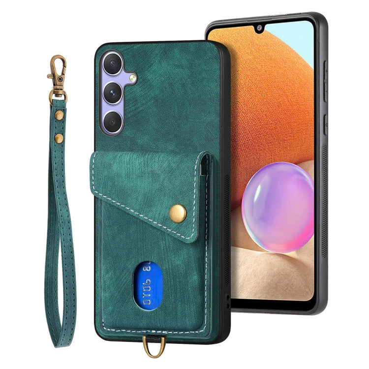 For Samsung Galaxy S25 5G Retro Card Wallet Fold Leather Phone Case with Strap(Green) - Galaxy S25 5G Cases by PMC TechLife | Online Shopping South Africa | PMC TechLife | Buy Now Pay Later Mobicred
