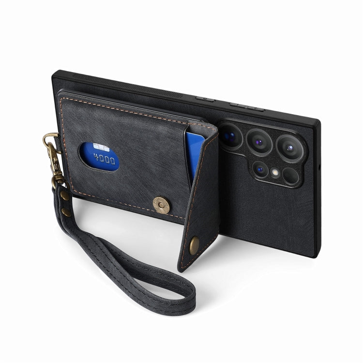 For Samsung Galaxy S25 Ultra 5G Retro Card Wallet Fold Leather Phone Case with Strap(Black) - Galaxy S25 Ultra 5G Cases by PMC TechLife | Online Shopping South Africa | PMC TechLife | Buy Now Pay Later Mobicred