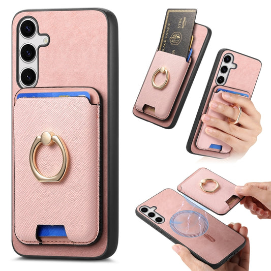 For Samsung Galaxy S25 5G Retro Cross Leather Ring Vertical Insert Card Bag MagSafe Phone Case(Pink) - Galaxy S25 5G Cases by PMC Jewellery | Online Shopping South Africa | PMC Jewellery | Buy Now Pay Later Mobicred