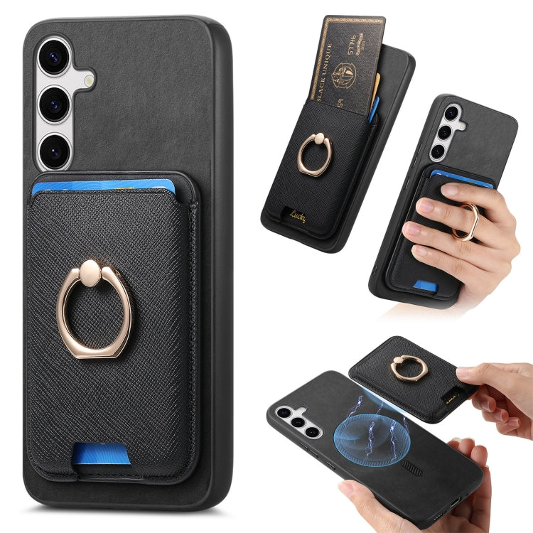 For Samsung Galaxy S25 5G Retro Cross Leather Ring Vertical Insert Card Bag MagSafe Phone Case(Black) - free shipping - PMC Jewellery - Order now!