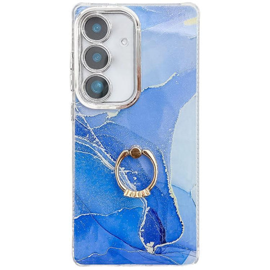 For Samsung Galaxy S25 5G Electroplated Marble Texture Ring Holder Phone Case(Dark Blue S16) - Galaxy S25 5G Cases by PMC Jewellery | Online Shopping South Africa | PMC Jewellery | Buy Now Pay Later Mobicred