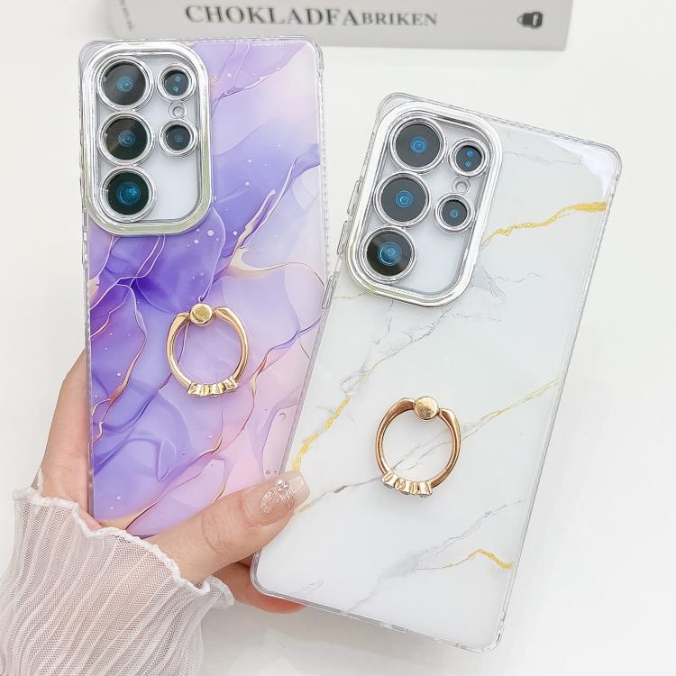 For Samsung Galaxy S25 5G Electroplated Marble Texture Ring Holder Phone Case(Light Blue S5) - Galaxy S25 5G Cases by PMC Jewellery | Online Shopping South Africa | PMC Jewellery | Buy Now Pay Later Mobicred
