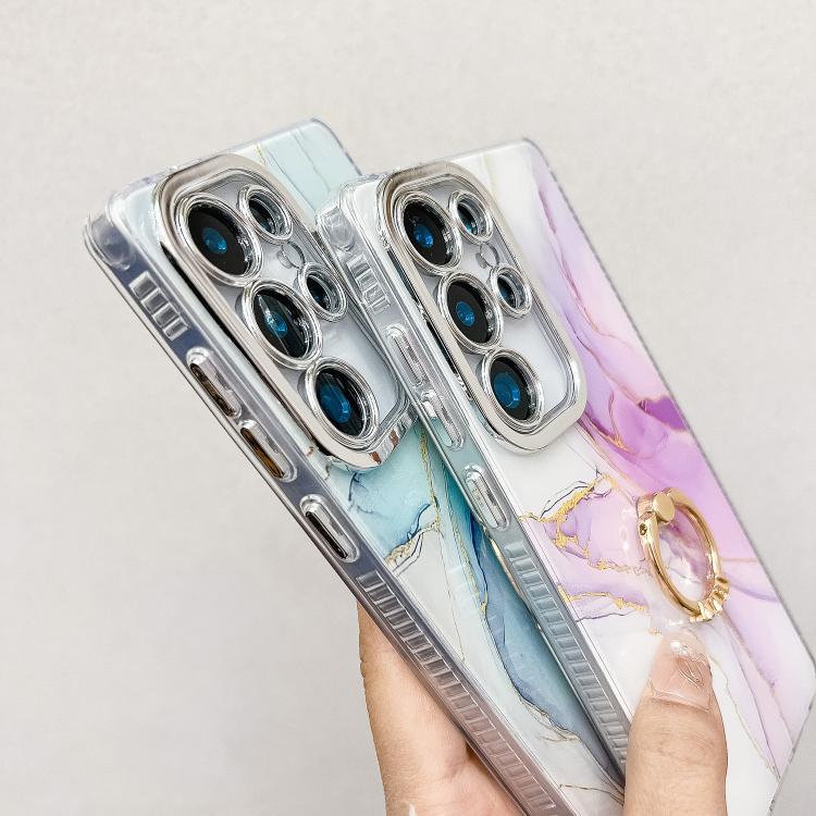 For Samsung Galaxy S25 5G Electroplated Marble Texture Ring Holder Phone Case(Blue S11) - Galaxy S25 5G Cases by PMC Jewellery | Online Shopping South Africa | PMC Jewellery | Buy Now Pay Later Mobicred