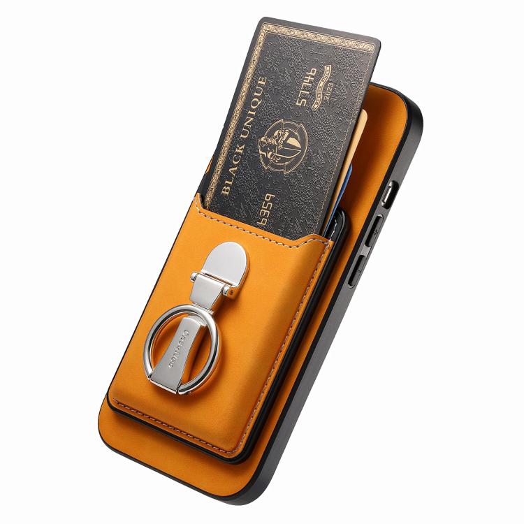For Huawei Mate 70 Pro Retro Folding Ring Holder Card Bag MagSafe Phone Case(Yellow) - Huawei Cases by PMC TechLife | Online Shopping South Africa | PMC TechLife | Buy Now Pay Later Mobicred