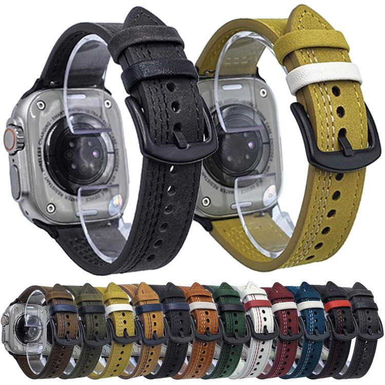 For Apple Watch 42mm / 41mm / 40mm / 38mm 7-Line Tri-Star Buckle Pull Up Leather Watch Band(Black Blue Thread) - Watch Bands by PMC TechLife | Online Shopping South Africa | PMC TechLife | Buy Now Pay Later Mobicred