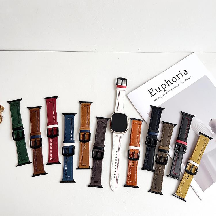 For Apple Watch 46mm / 49mm / 45mm / 44mm 7-Line Tri-Star Buckle Pull Up Leather Watch Band(Black Blue Thread) - Watch Bands by PMC TechLife | Online Shopping South Africa | PMC TechLife | Buy Now Pay Later Mobicred