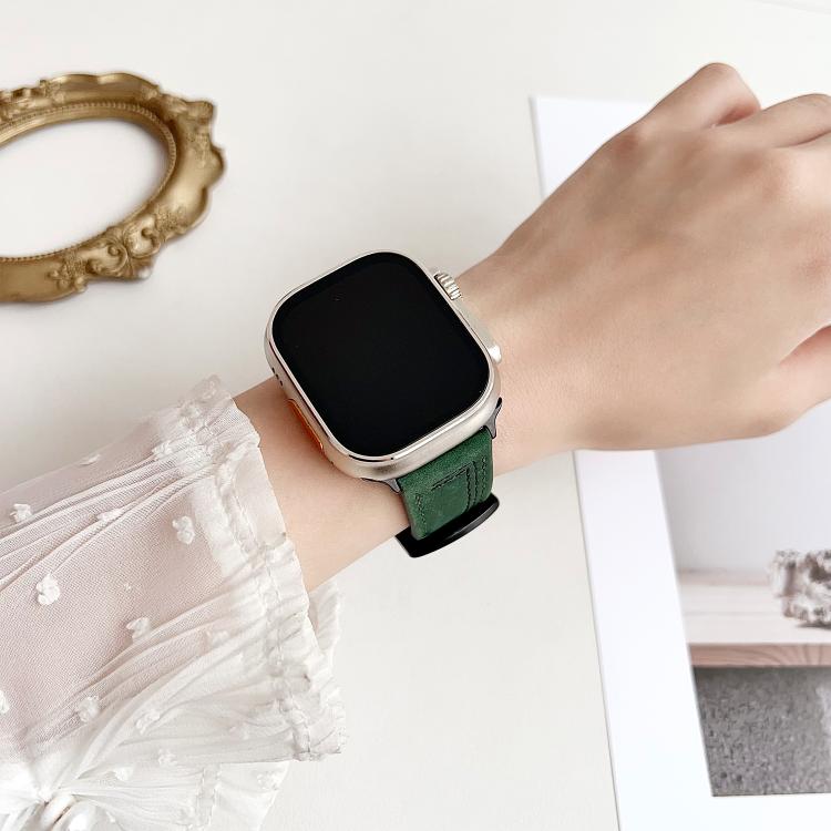 For Apple Watch 46mm / 49mm / 45mm / 44mm 7-Line Tri-Star Buckle Pull Up Leather Watch Band(Black Red Thread) - Watch Bands by PMC TechLife | Online Shopping South Africa | PMC TechLife | Buy Now Pay Later Mobicred