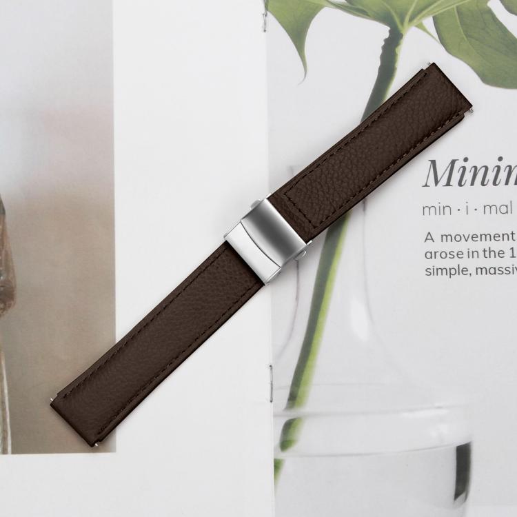 20mm Lychee Texture Silver Turtle Back Buckle Leather Watch Band(Coffee Color) - free shipping - PMC TechLife - Order now!