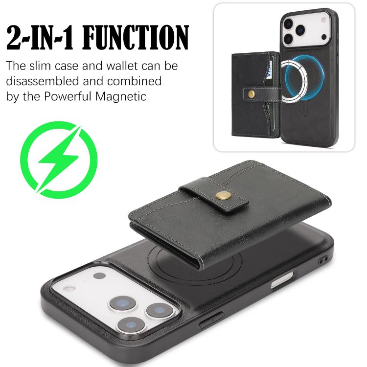 For iPhone 17 Pro Max Kalebol Magnetic Button Card Bag MagSafe Ring Leather Phone Case(Black) - iPhone 17 Pro Max Cases by Kalebol | Online Shopping South Africa | PMC TechLife | Buy Now Pay Later Mobicred